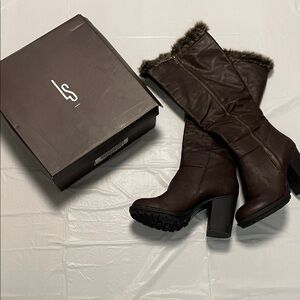 Leila Stone Dark Brown Heeled Boots with Fur Trim
